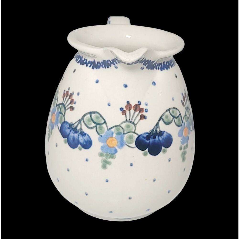 Blue Rose Pottery Handmade Polish Boleslawiec Floral Creamer Pitcher Blue Flower - Picture 2 of 9